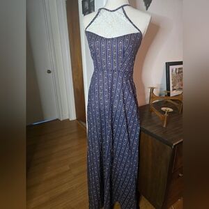 Oops California Vintage Halter Style Blue Floral Patterned Halter Dress Medium